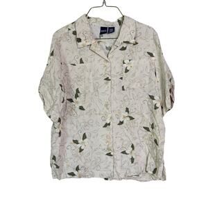 Basic Edition VINTAGE tan white floral Rayon button up short sleeve blouse LARGE